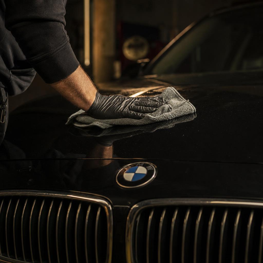 Close-up of a professional detailer polishing a black luxury vehicle