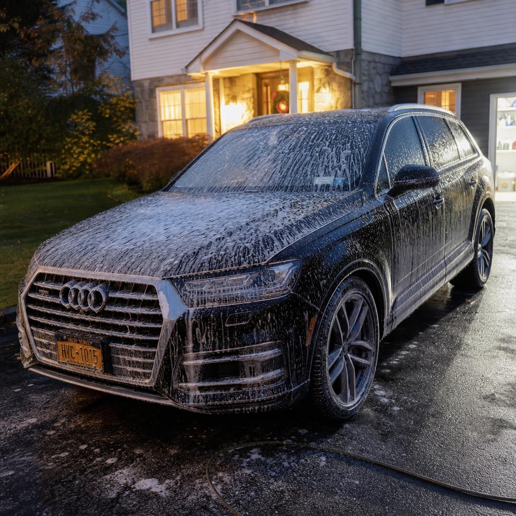 Mobile detailing setup — foam wash on an SUV in a driveway