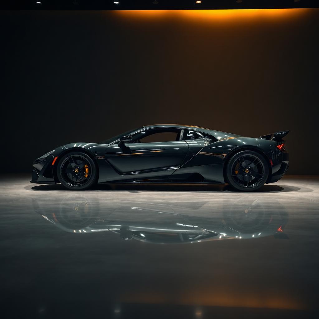 Sports car with a deep, uniform finish in a dark studio