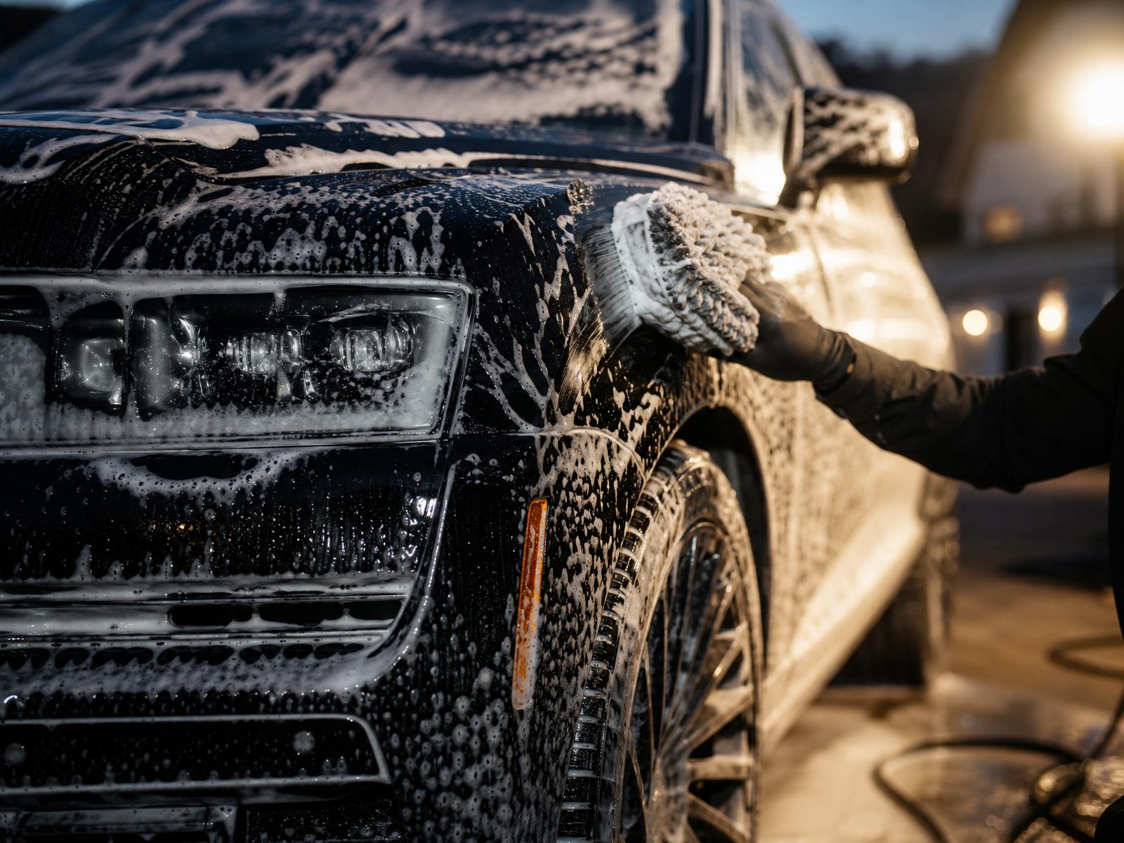 A black luxury SUV covered in foam during a premium mobile detail at dusk